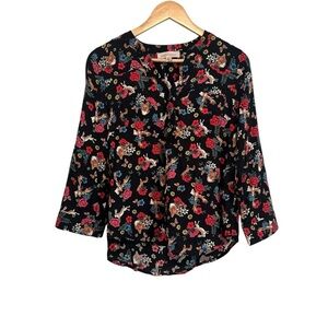 Philosophy Women's Small Black Bunny Rabbit Nature Floral Soft V-Neck Casual Top